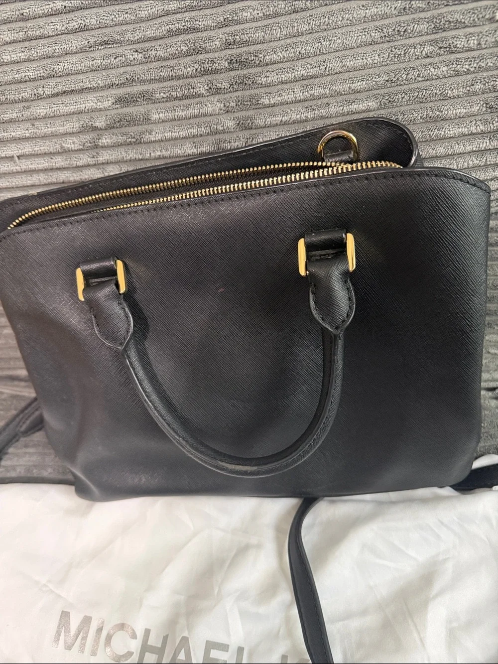 Michael Kors Black Leather Satchel with Gold-Tone Accents